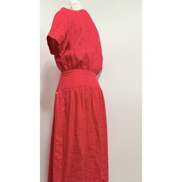 Vintage Valentino Miss V Red Gold Button Down Dress 100% Linen Size 46 Italy - Picture 4 of 6